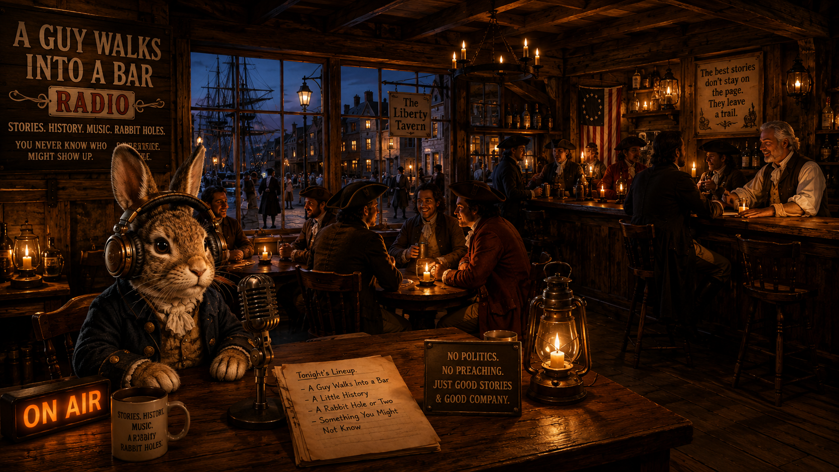 Benjamin Franklin, George Washington, and Doc Holliday gathered around maps and stories at the Liberty Tavern