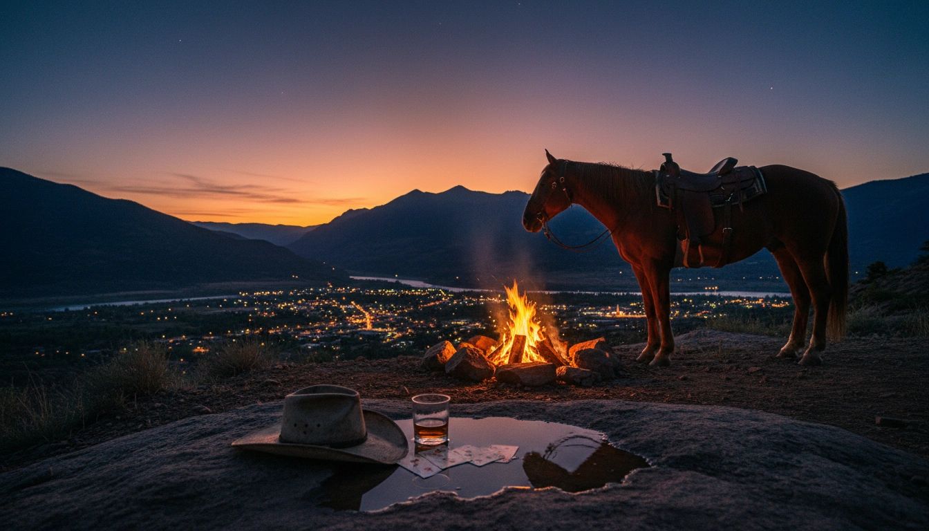 Horse by a campfire overlooking a valley town at dusk — Western landscape