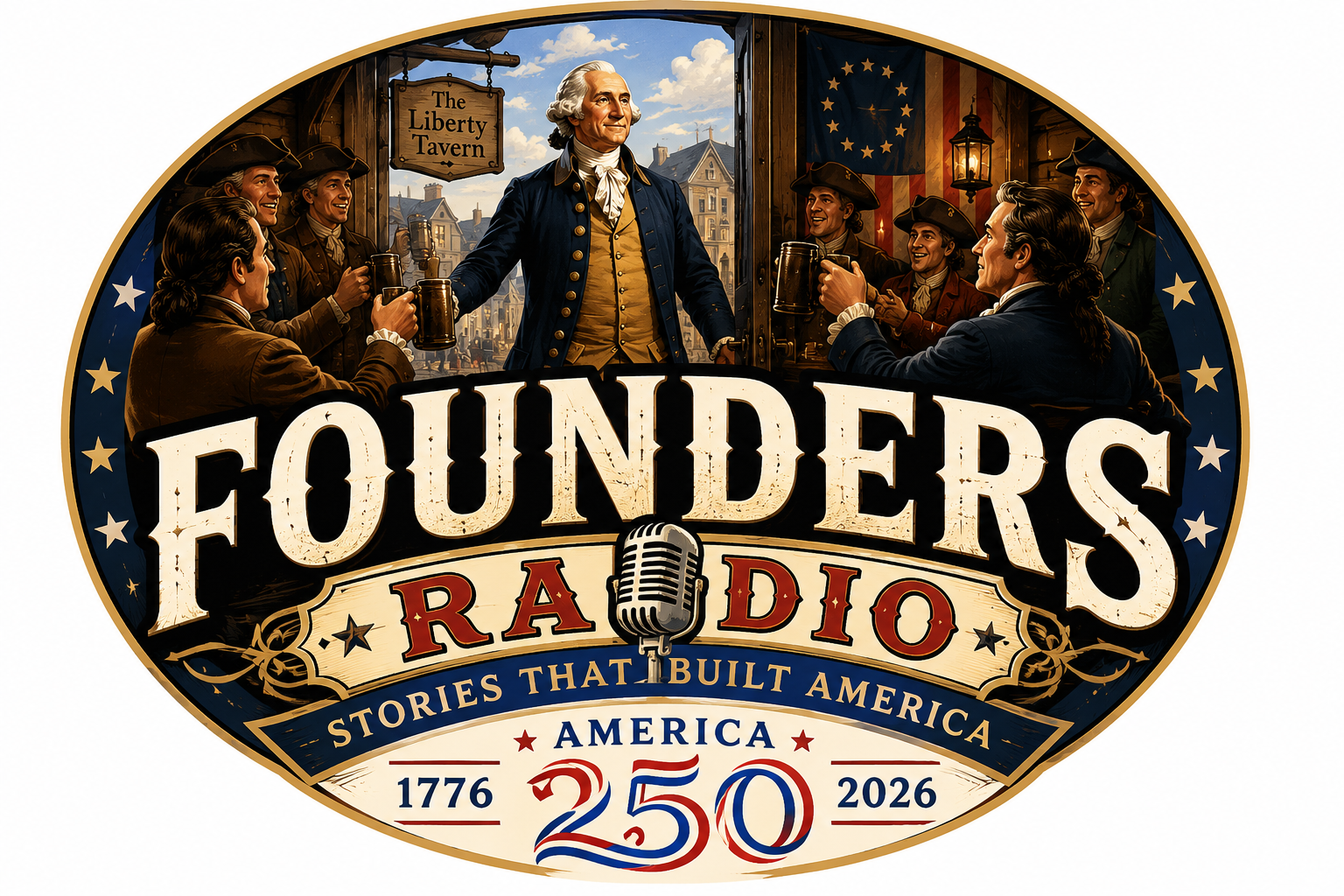 Candlelit tavern scene with maps, books, and lanterns — the world of Founders Radio
