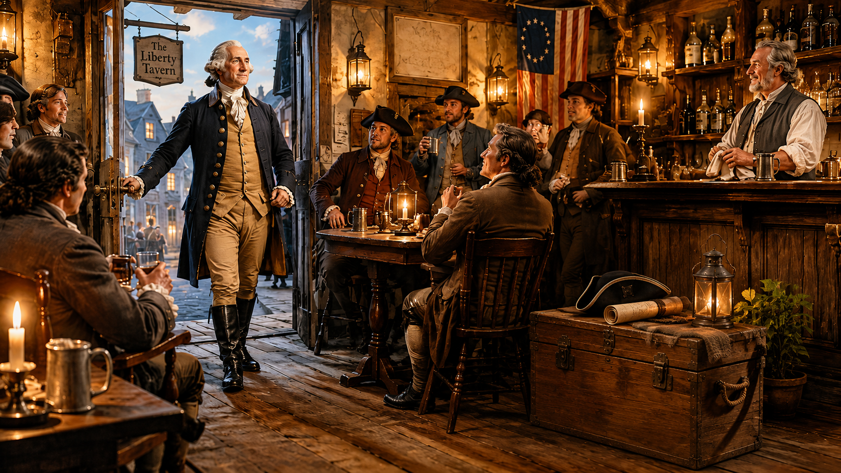 Franklin, Washington, and Holliday gathered around a map table in a candlelit tavern